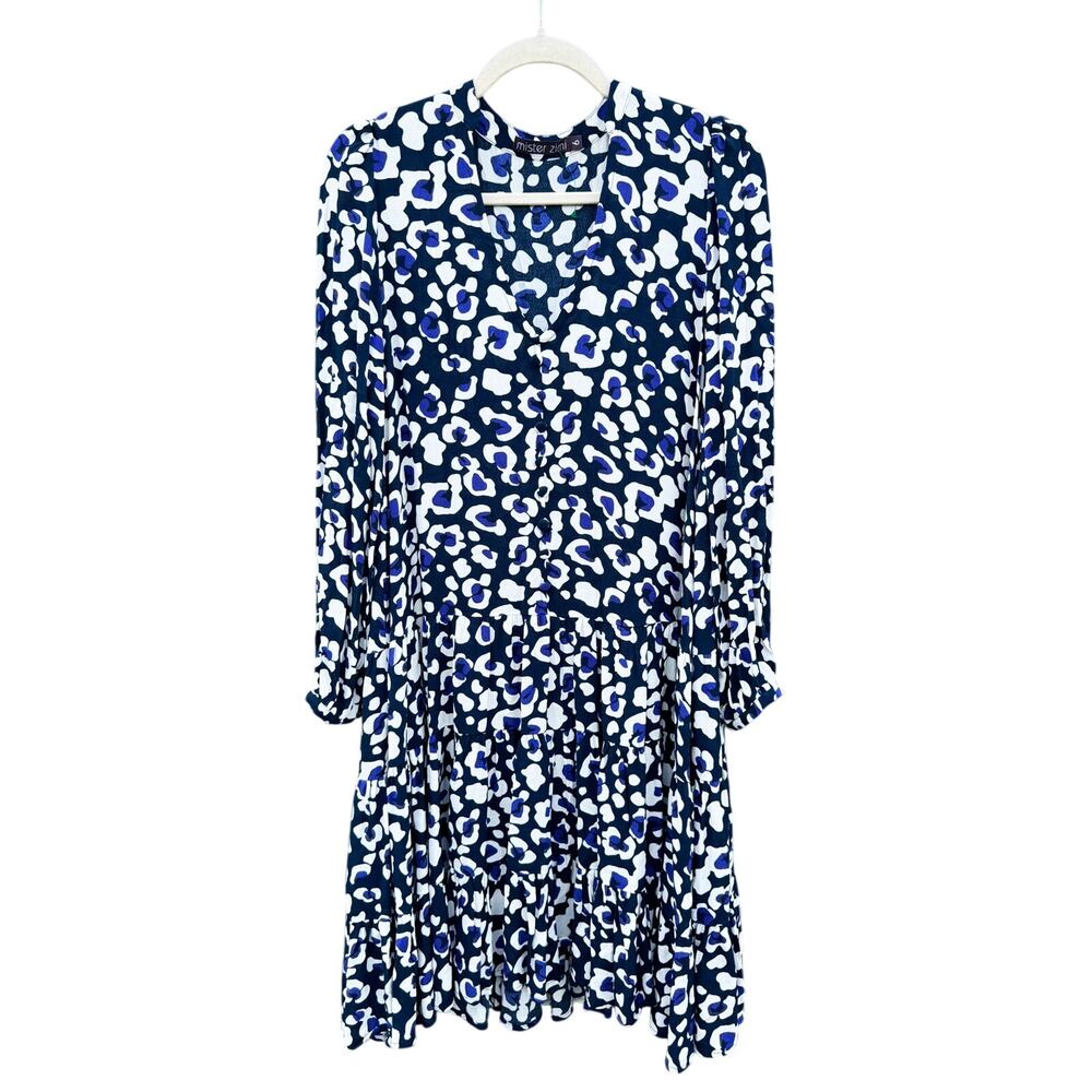 MISTER ZIMI Navy Leopard Print Tiered Dress AU 6 US 2